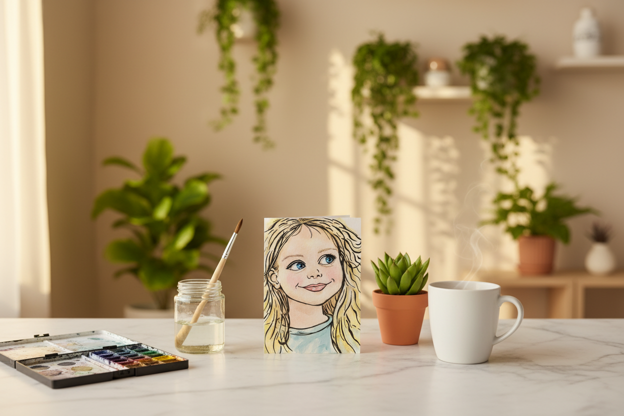 Actual card in Scandi desk scene